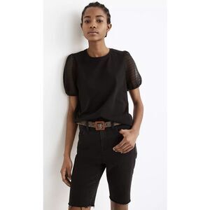 Madewell Striped Sheer Puff Sleeve Knit T-Shirt Crewneck Short Sleeve Black XS‎
